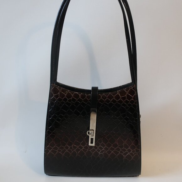 Womens Vani Brown Black Chic Patent Ombre Glossy Faux Croc Shoulder Handbag  COL - Picture 1 of 16